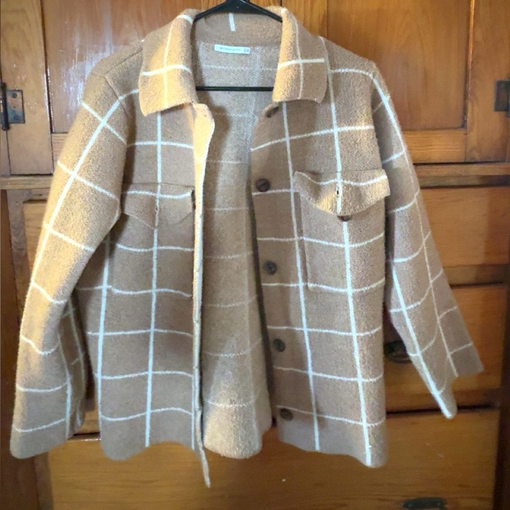 Staccato Tan Windowpane Teddy Jacket with Cream Grid